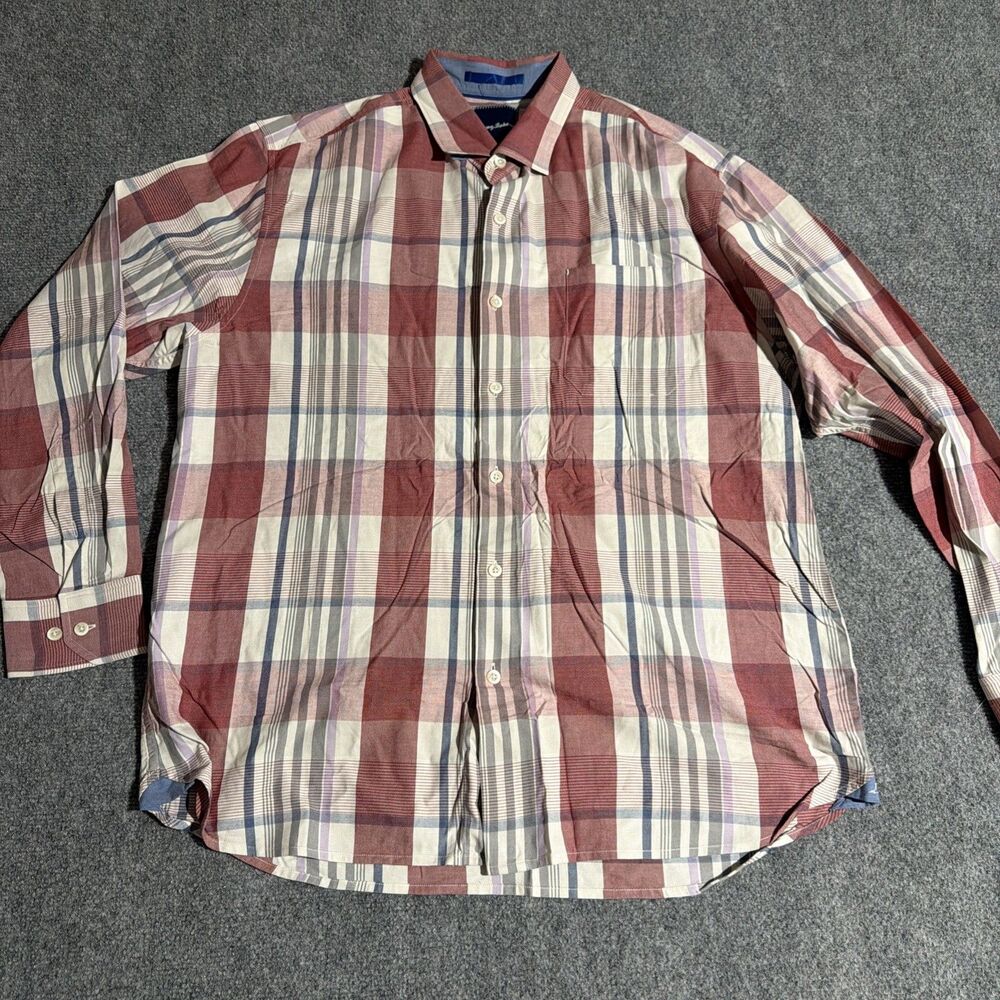 Tommy Bahama Shirt Mens Large Red Madras Plaid Button Down Long Sleeve